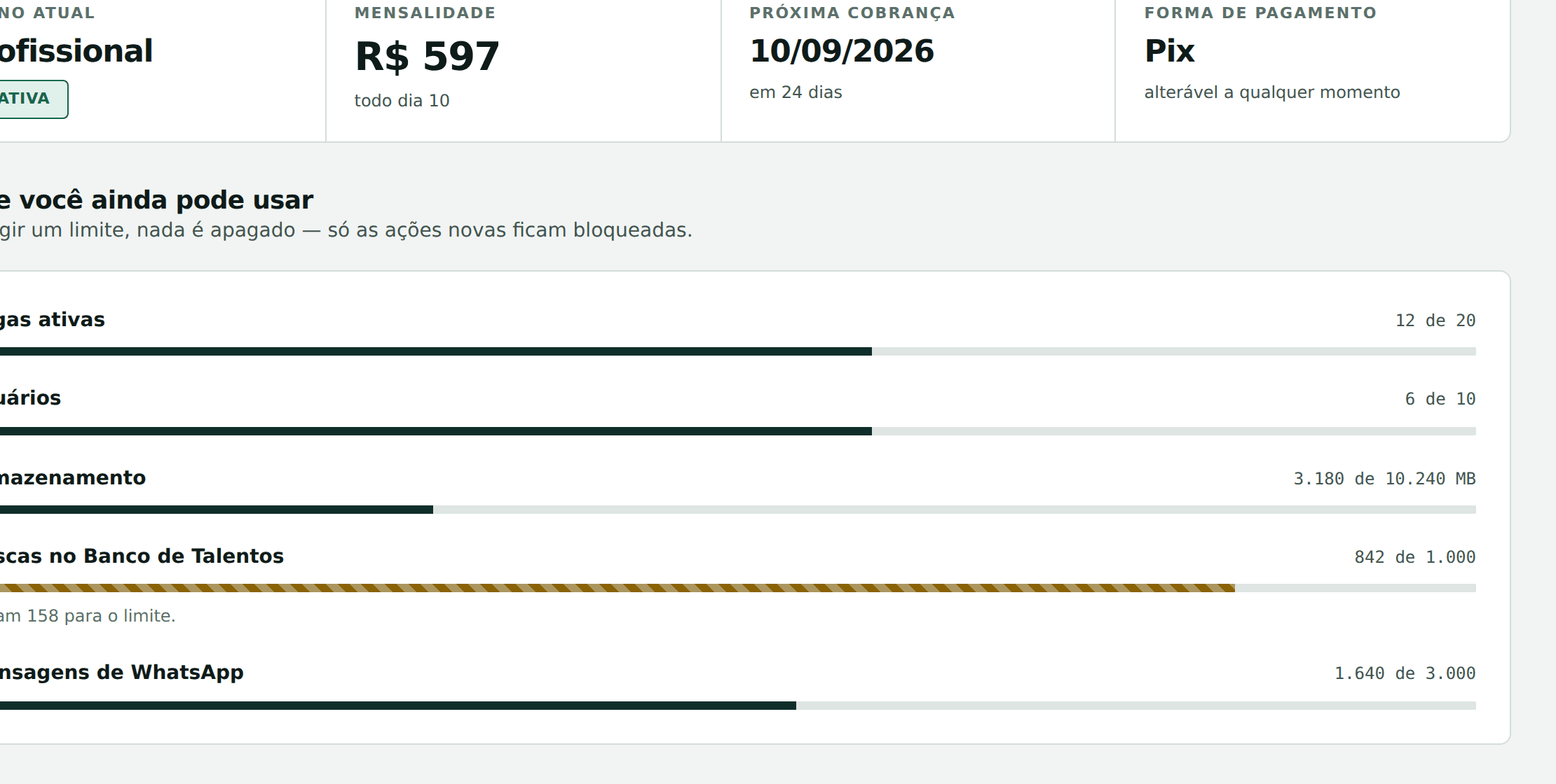 Tela Meu Plano, com o valor da mensalidade, a data da próxima cobrança e os medidores de uso de cada limite do plano